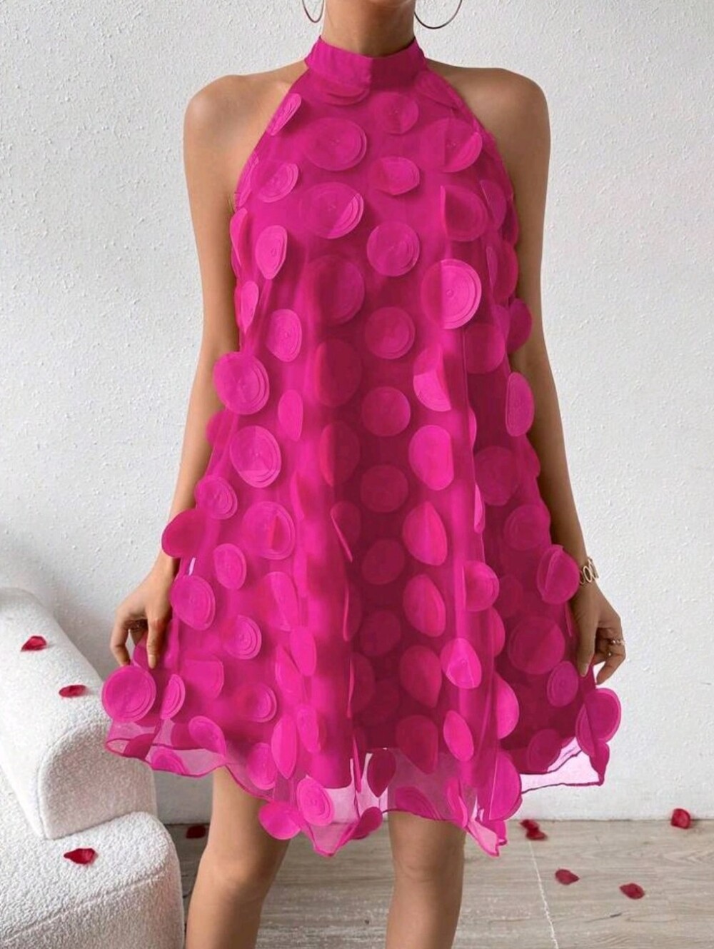 Women's Three-Dimensional Flower Halter Neck Pink Dress For New Year,